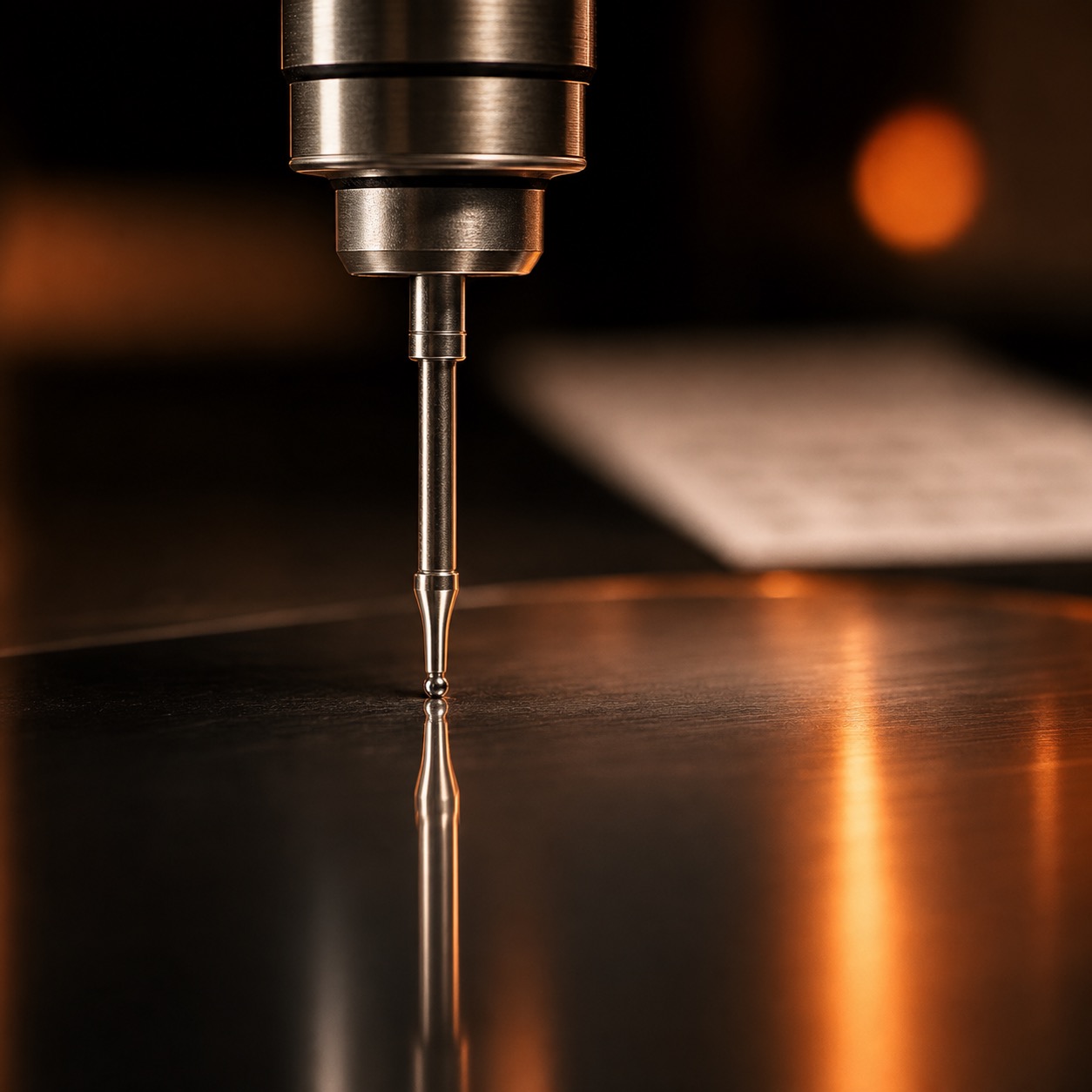 Messtaster auf Metalloberfläche mit Prüfprotokoll