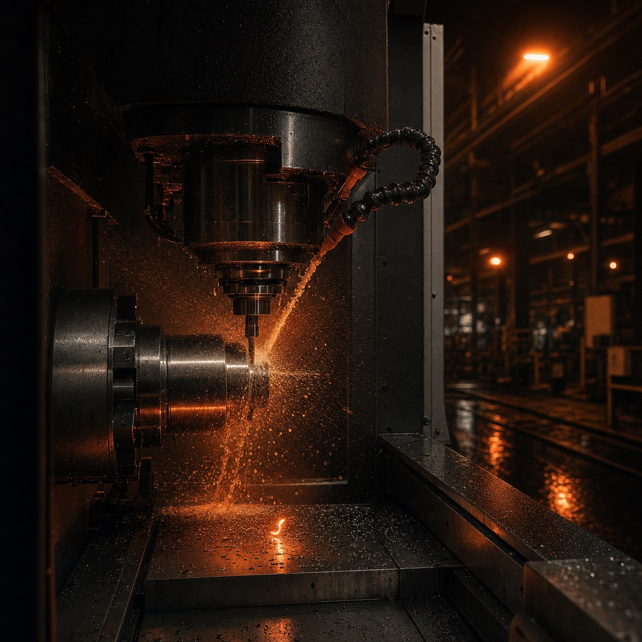 Nachtschicht: CNC-Maschine mit Kühlmittelnebel